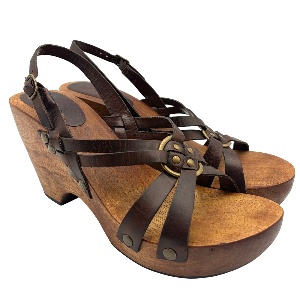 Vintage MIA Platform Chunky Shoes Sandals Size 10 90s Y2K Wooden Leather Brown